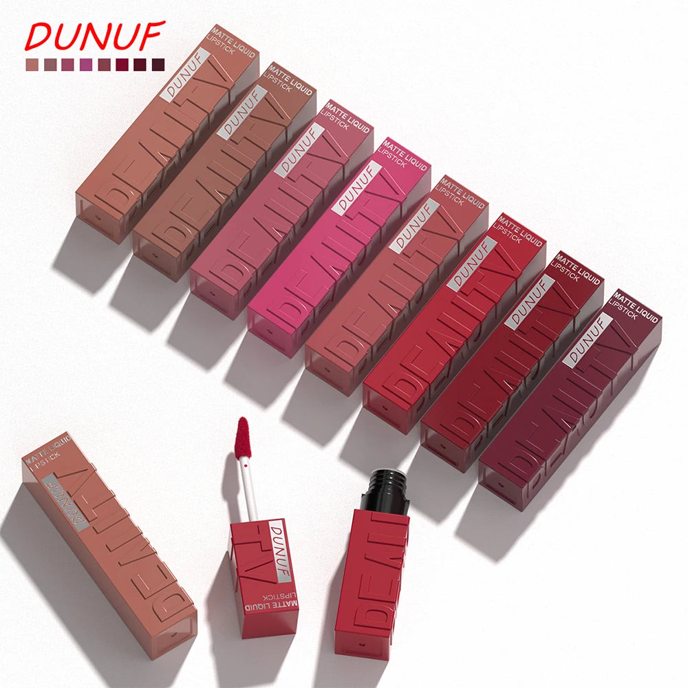 DUNUF 8-Color Matte Velvet Smooth Easy-to-Apply Square Tube Lip Gloss Waterproof Three-Dimensional Plumping Lipstick