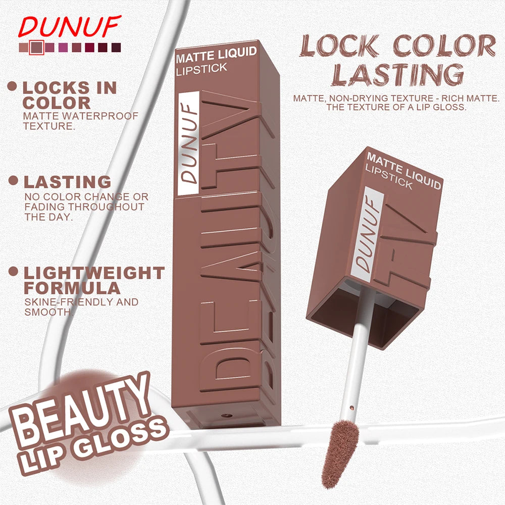 DUNUF Matte Velvet Lip Gloss, 3D Plumping & Waterproof, Square Tube Lipstick, Easy Application, 8 Shades (All-in-One)