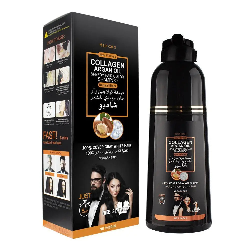 3-in-1 Collagen Argan Oil Shampoo Long-Lasting Black Hair Dye Shampoo for Men Women Nourishes Colors Gray Hair, 400ml Formula