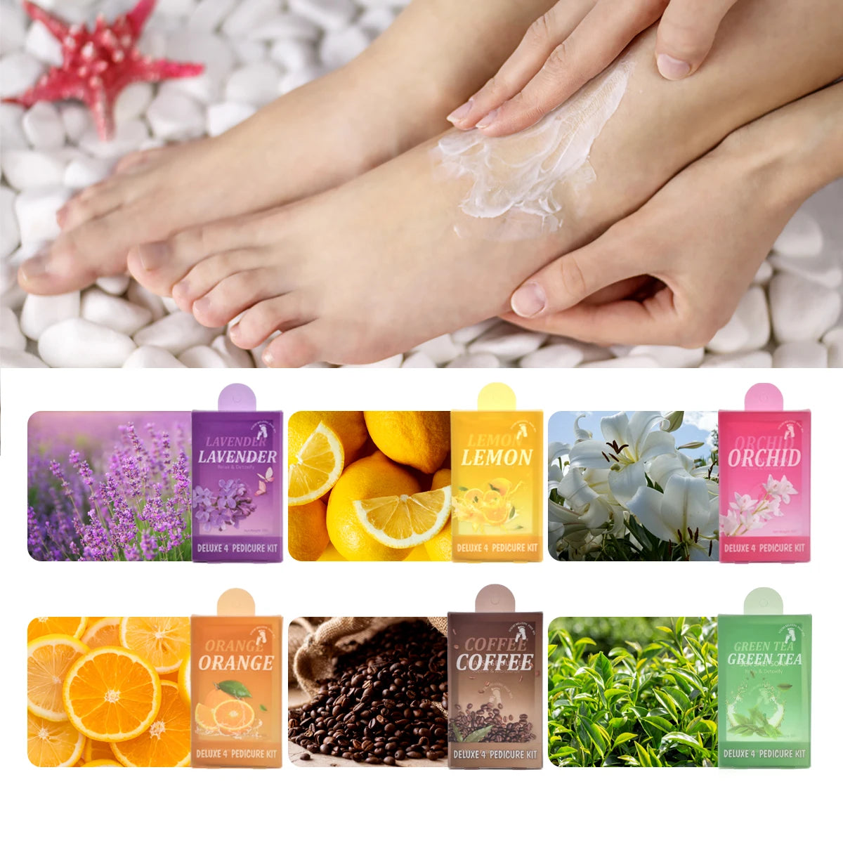 50Sets/Case FOOTNICE 4 Step Spa Pedicure Kit Foot Scrub Soak Herbal Spa Foot Peeling Skin Care 4 in 1 Deluxe Spa Pedicure Kit
