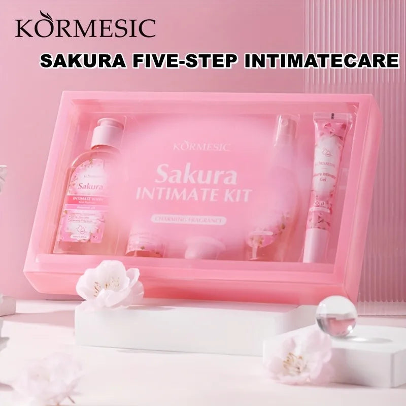 Sakura Women's Intimate Care 5-Piece Set, Product Includes: Private Area Cleansing Liquid, Essence, Gel, Lotion, Spray, Gentle Cleansing, Balances the Environment, Long-Lasting Freshness, and a More Firm and Smooth Light Beig