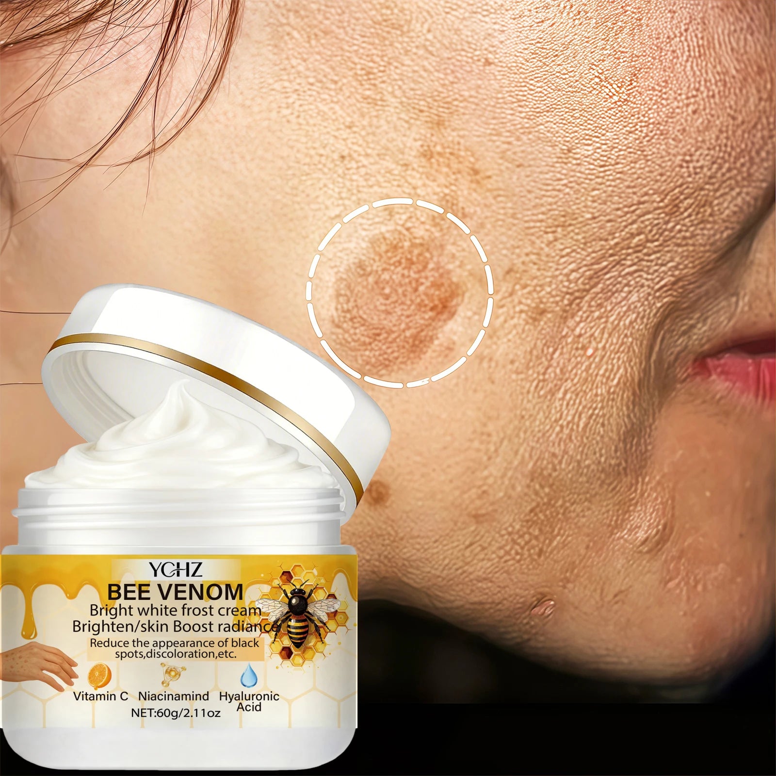 Bee Venom Brightening Cream, Evens Out Skin Tone, Eliminates Dark Spots and Dullness - Non-Greasy, Suitable for Both Men and Women - Whitening and Moisturizing Cream, for Day and Night Use - 60g