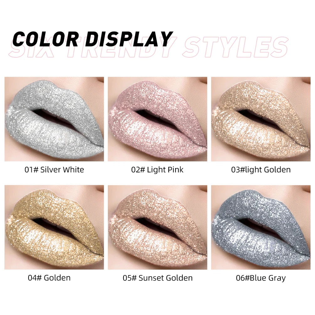 QIBEST Glitter Diamond Liquid Lipstick Waterproof Long Lasting Pearl Shiny Lip Gloss Metal Charming Women Lip Makeup 6 Colors