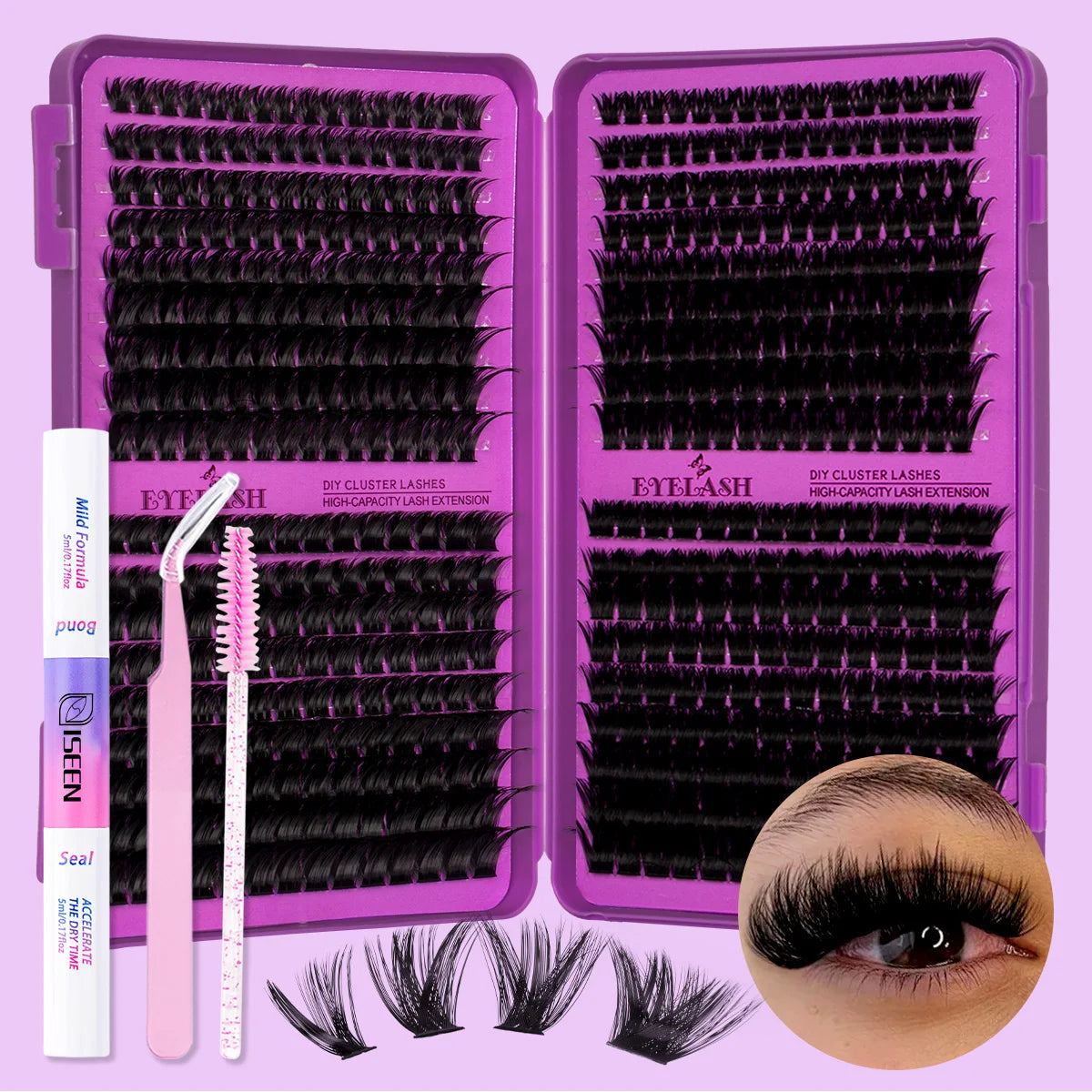 Lash Clusters Kit DIY Lash Extension Kit Large Capacity D Curl with Lash Bond And Seal And Eyelash Tweezers Makeup
