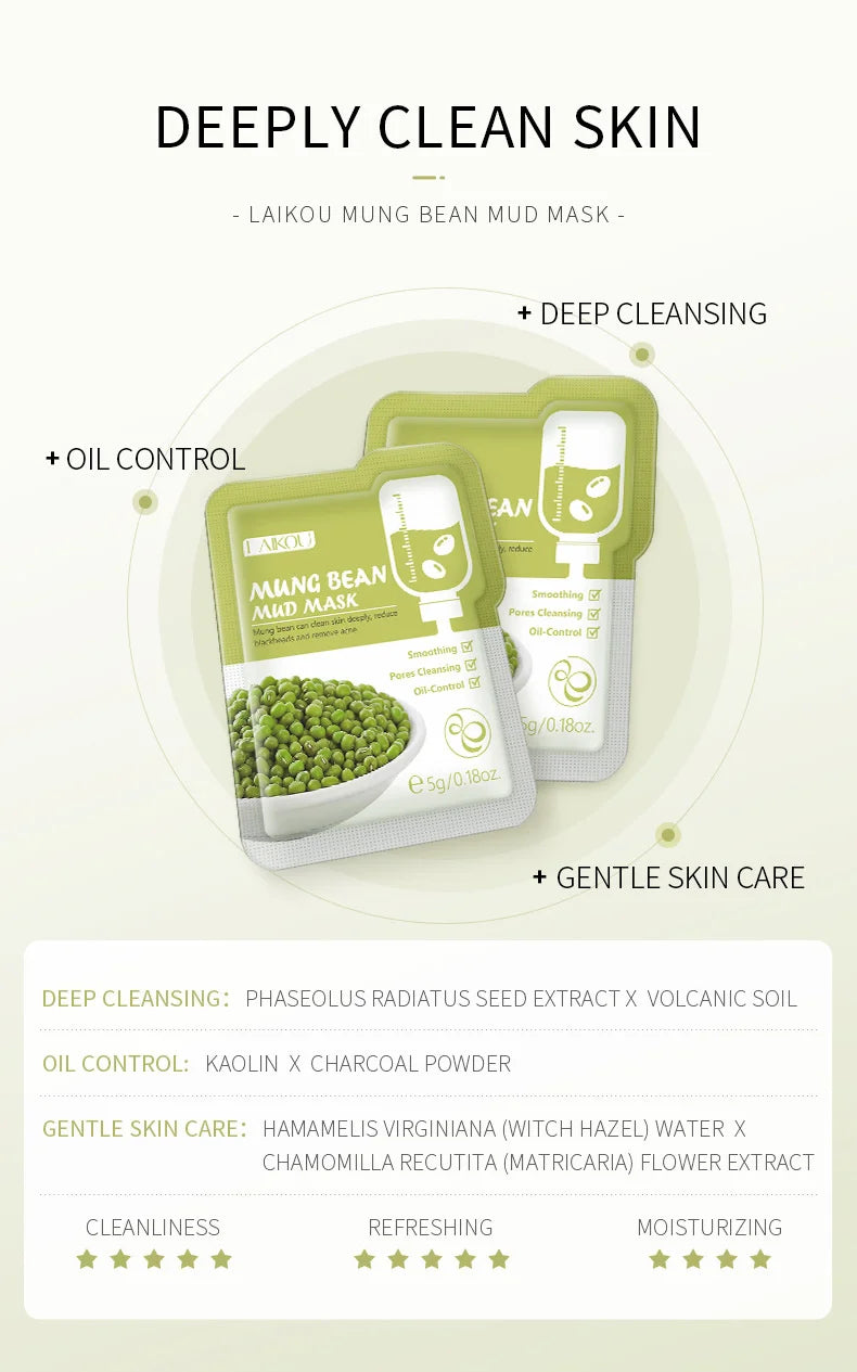LAIKOU 5pcs Mud Mask Clay Mask Sakura Matcha Eggplant Tea Tree Mung Bean Oil-Control Deep Cleansing Repairing Facial Skin Care