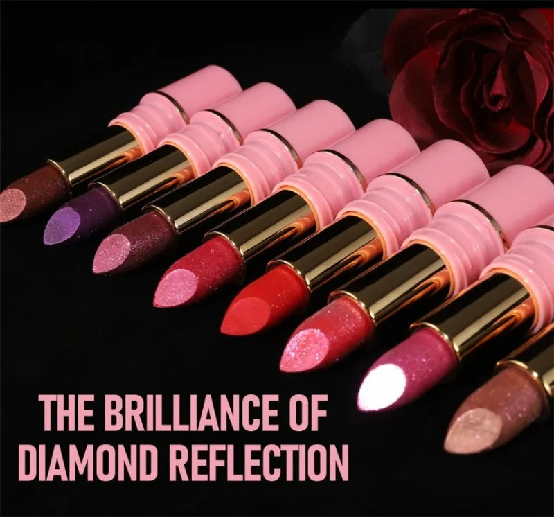 8 Colors Diamond Shimmer Lipstick Purple Metallic Glitter Pearlescent Lip Tint Long Lasting Waterproof Lipstick Makeup Cosmetics