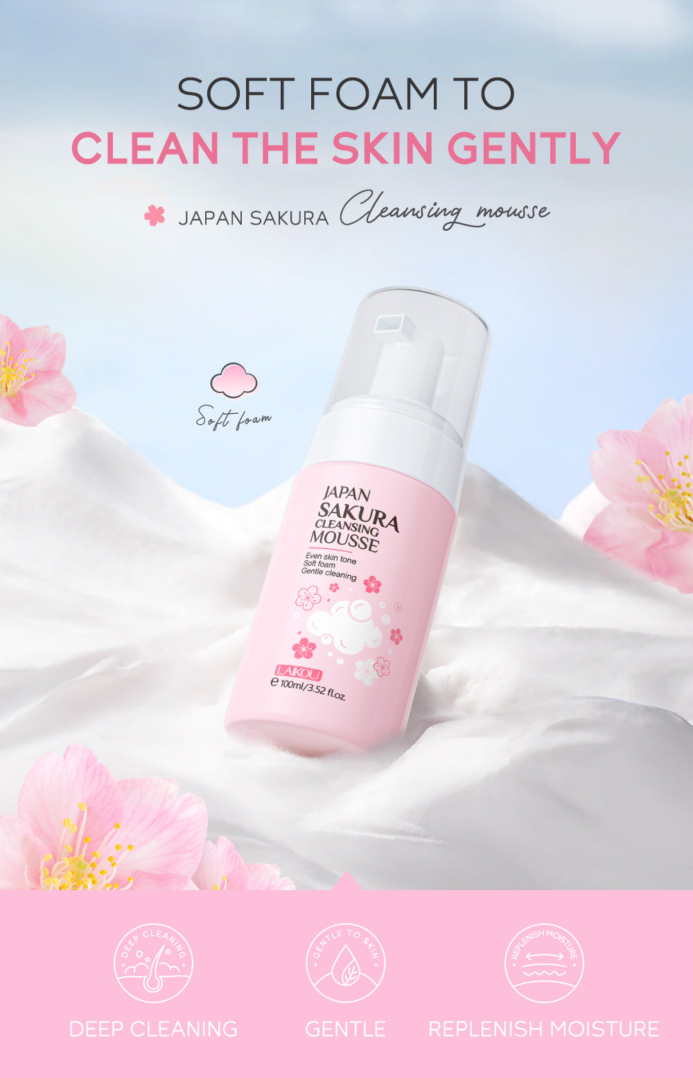 LAlKOU Japan Sakura Cleansing Mousse Facial Cleanser  Shrink Pores Deep Clean Oil Control Moisturizing Skin Care 100ml