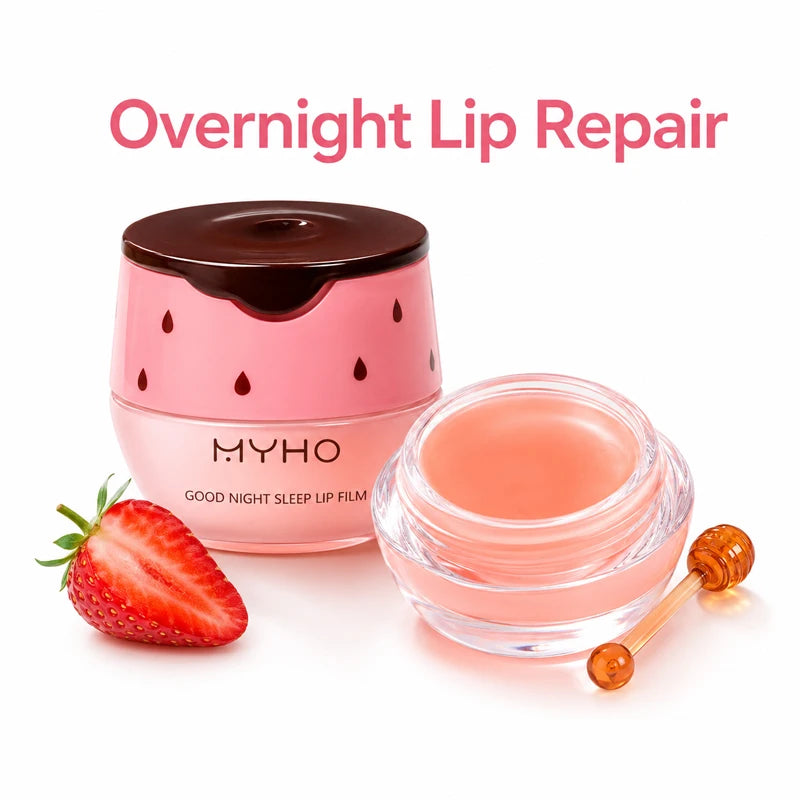 MYHO Strawberry Lip Sleeping Mask Overnight Repair Balm Hydrating Moisturizing Jelly Lip Care Non-Sticky Gloss with Applicator