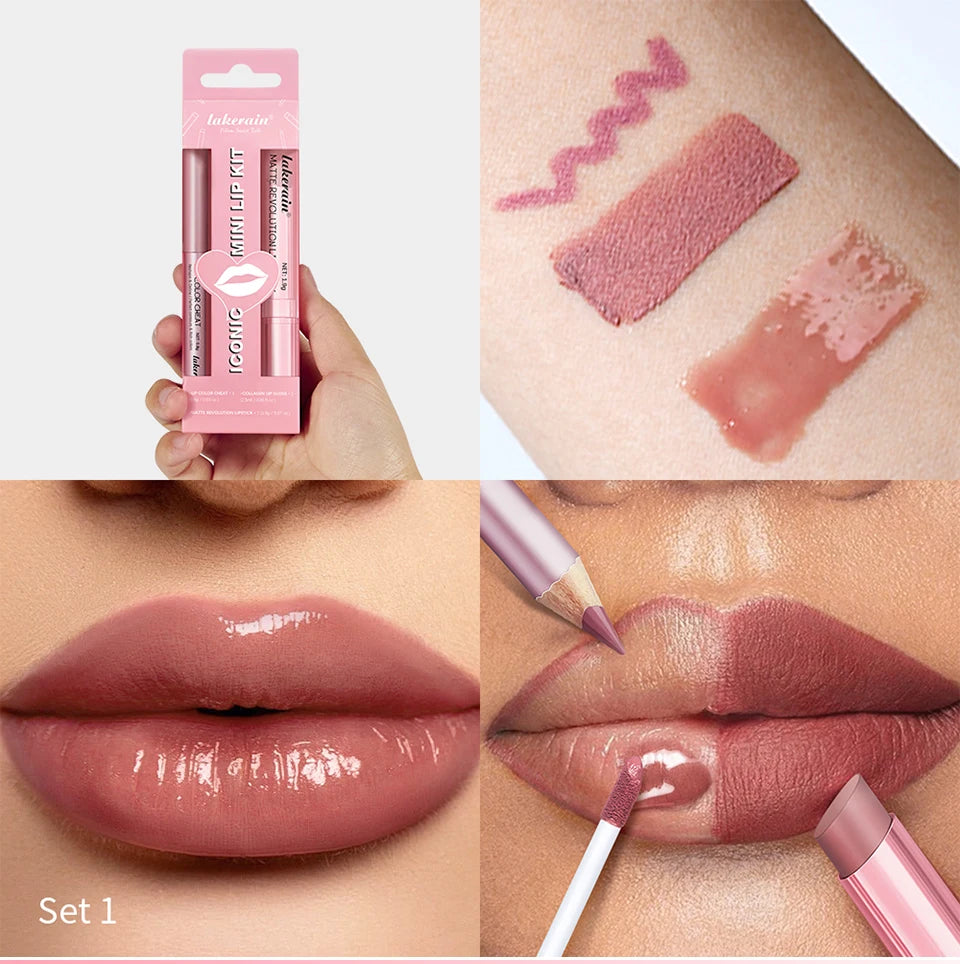 Lipliner&Lipstick Lip Gloss Set 3pcs/set Waterproof Long Lasting Lip Makeup Matte Travel Mini Set Women's Makeup Cosmetics