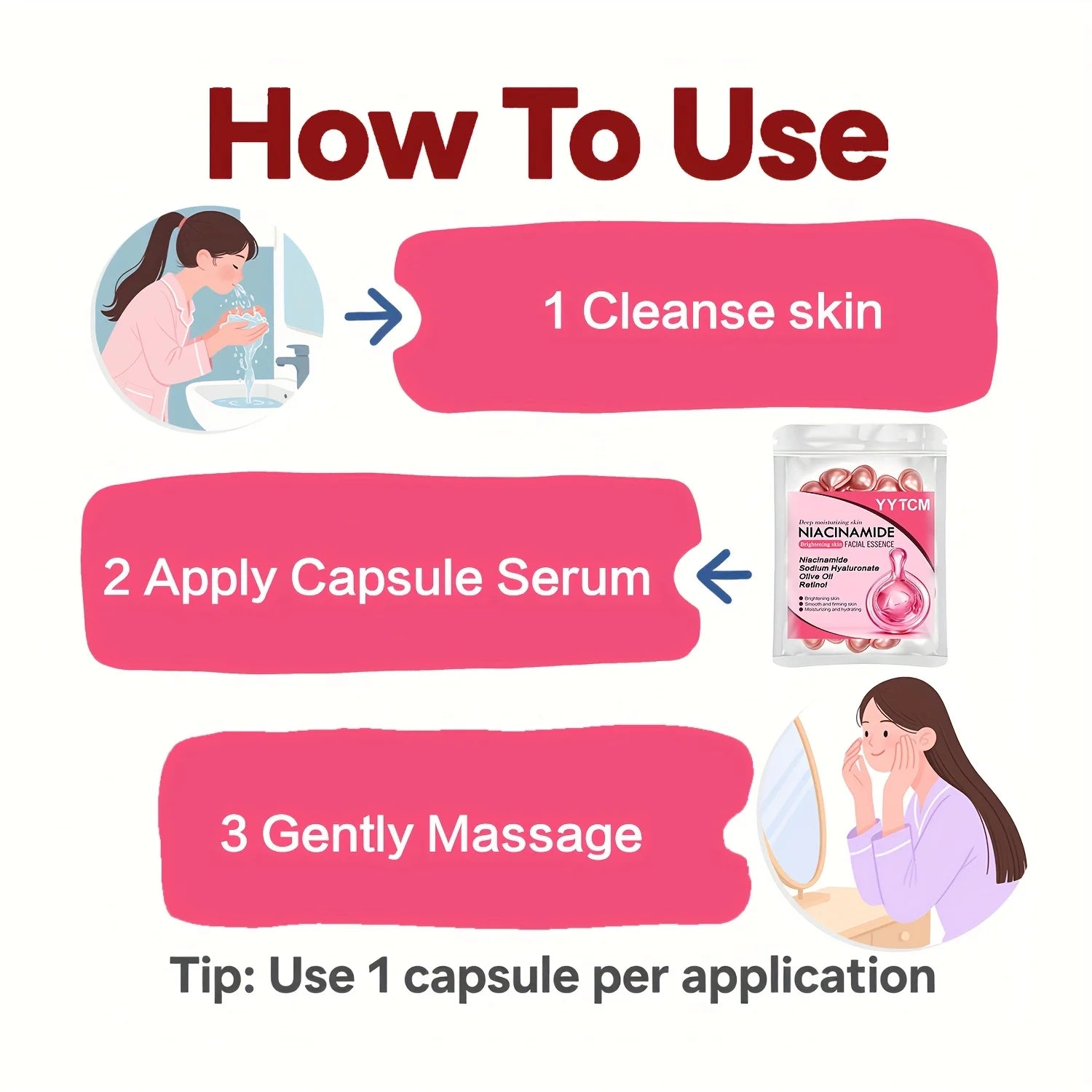 Niacinamide Facial Essence Capsules, Containing Retinol, Olive Fruit Oil, Gardenia Extract, Brighten Skin Tone, Moisturize and Hydrate, Smooth and Refine Skin (0.5Gx30 Capsules)/Bag-1 Bag