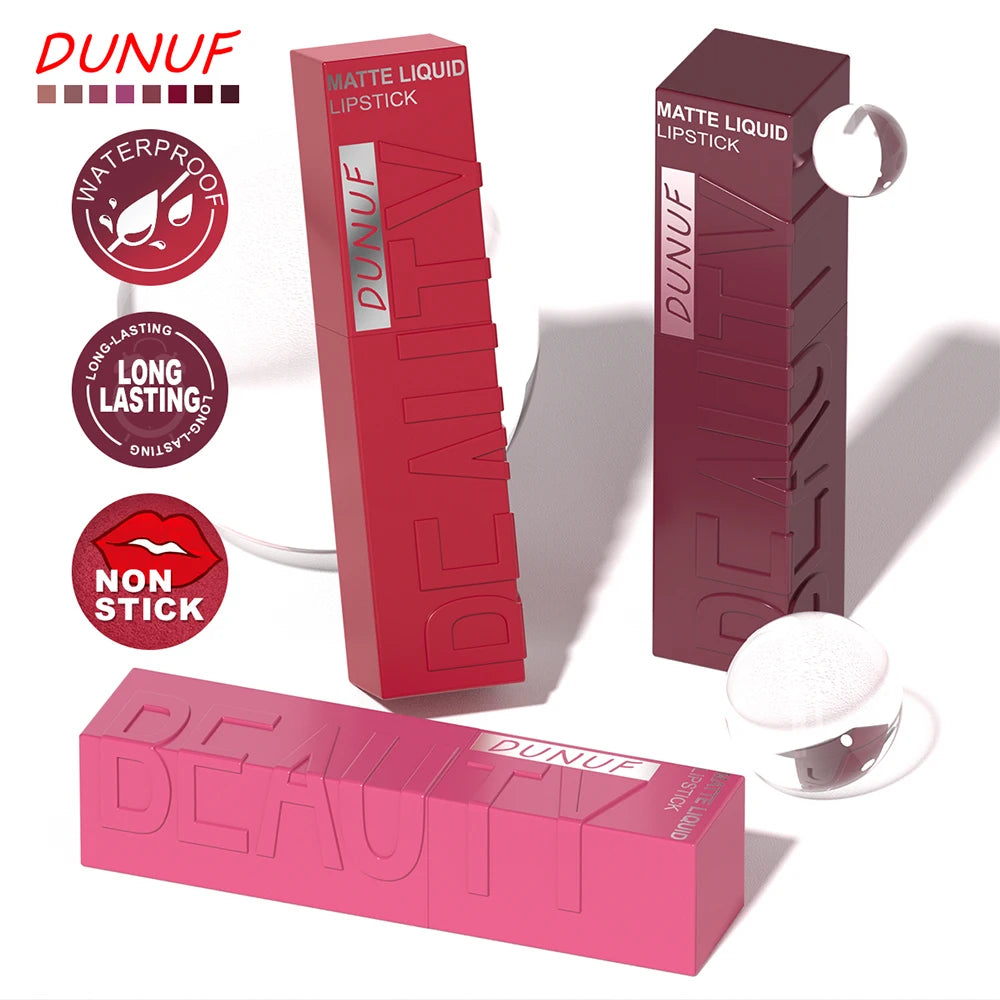 DUNUF 8-Color Matte Velvet Smooth Easy-to-Apply Square Tube Lip Gloss Waterproof Three-Dimensional Plumping Lipstick