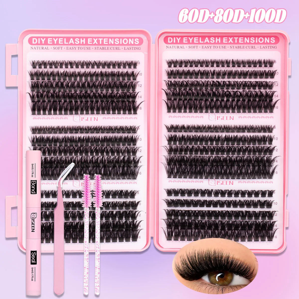 Lash Clusters Kit DIY Lash Extension Kit Large Capacity D Curl with Lash Bond And Seal And Eyelash Tweezers Makeup