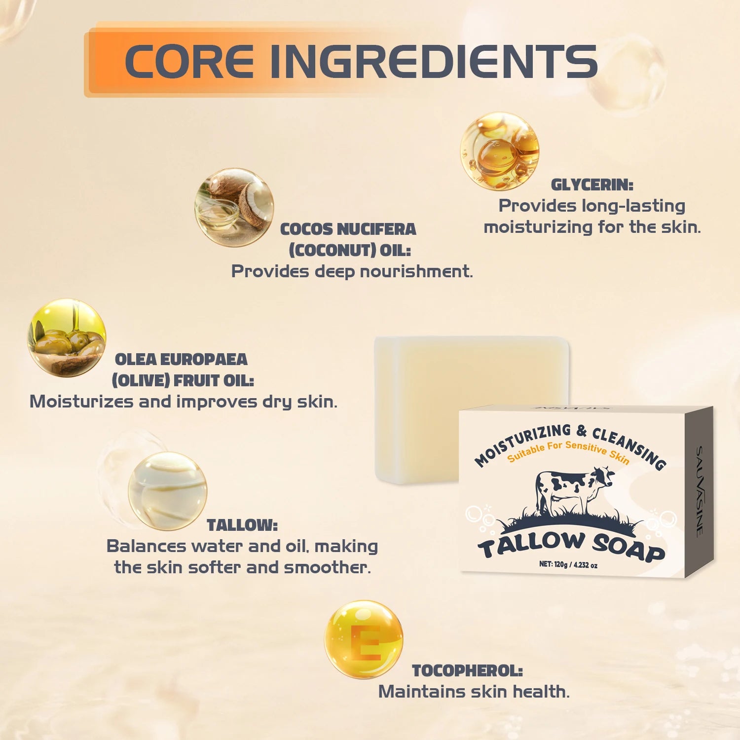 120g Handmade Beef Tallow Soap Bar Face & Body Wash Skin Moisturizer Smooth Natural Grass Fed Tallow Soap for Sensitive Skin