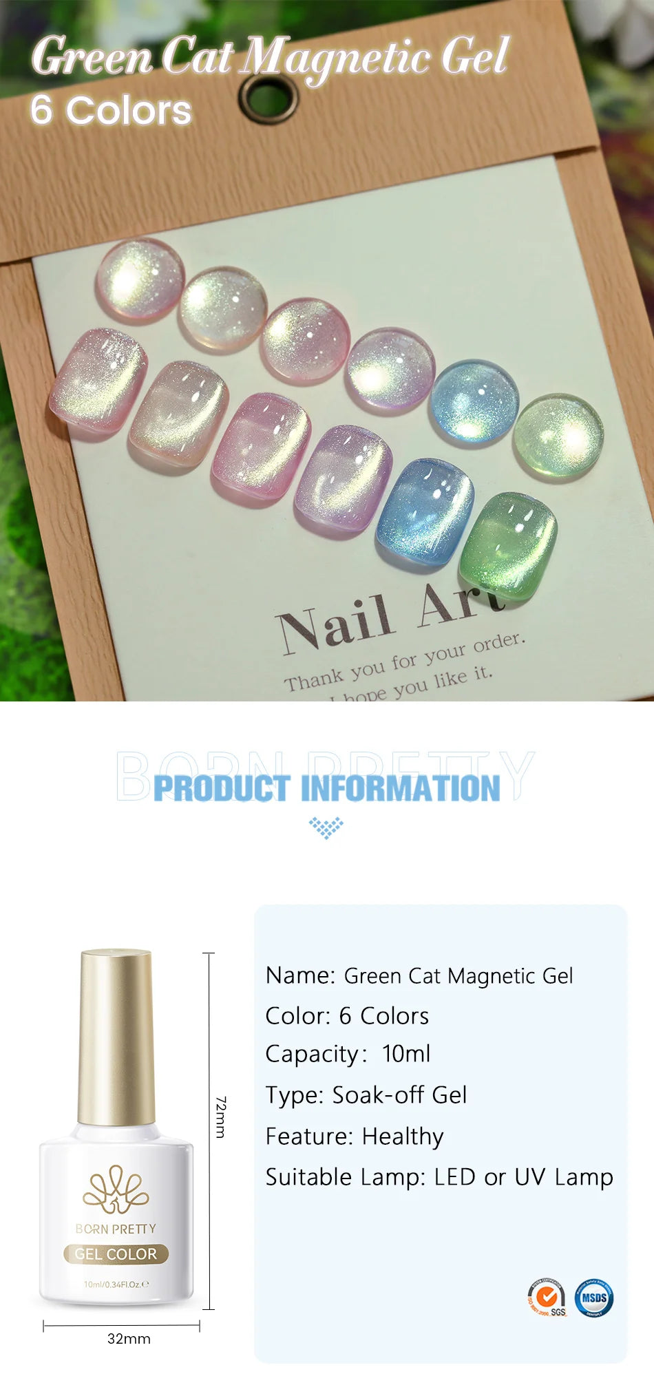 BORN PRETTY 10ml Green Cat Magnetic Gel Ultra Shine Holographic Glitter Semi Permanant Soak Off UV LED Gel Varnish For Manicure
