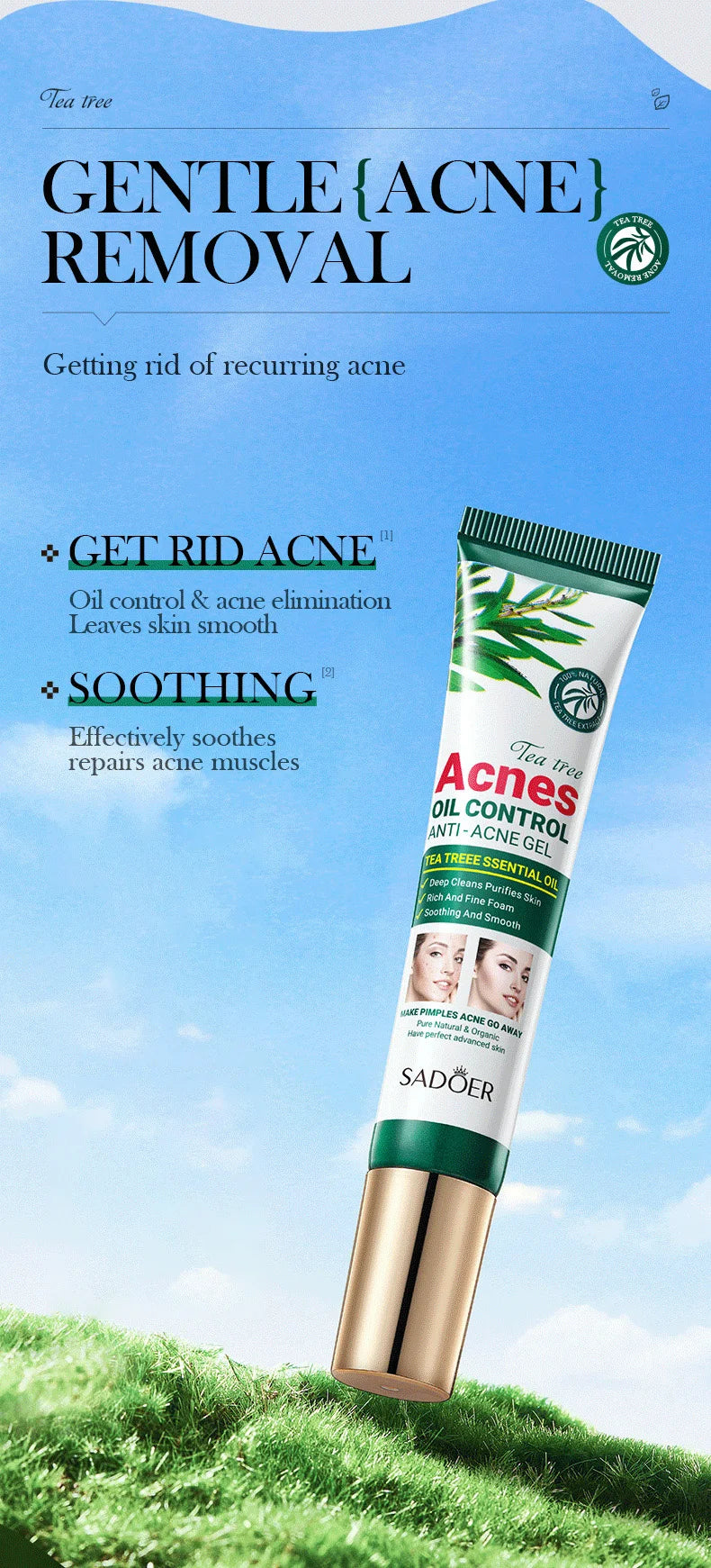 SADOER Tea Tree Acne Removing Cream Facial skincare Oil Control Face Gel Creams Hydrating Moisturizing Facial Cream Skin Care