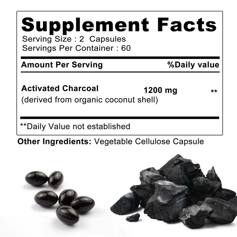 Activated Charcoal Capsules 1200 Mg - Organic Coconut Shell, Helps Relieve Gas & Bloating, Detox & Bowel, Digestive Supplement