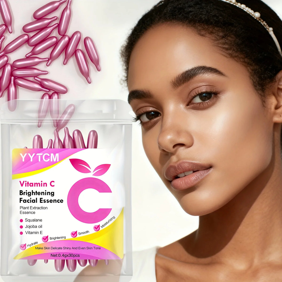 Vitamin C Brightening Skin Moisturizing Capsule Serum, hydrates and smooths the skin, contains plant squalane, vitamin E, magnolia oil, and jojoba seed oil for deep hydration and skin brightening (0.4g x 30 capsules)/bag-1 ba