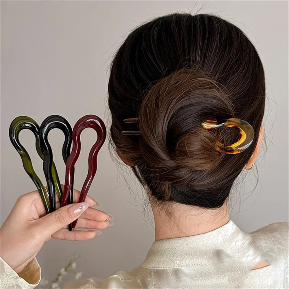 U-Shaped Hair Fork Fashion Tortoiseshell Acetate Acrylic Hairpin Geometric Headwear Hair Sticks Women Girls Hair Accessories