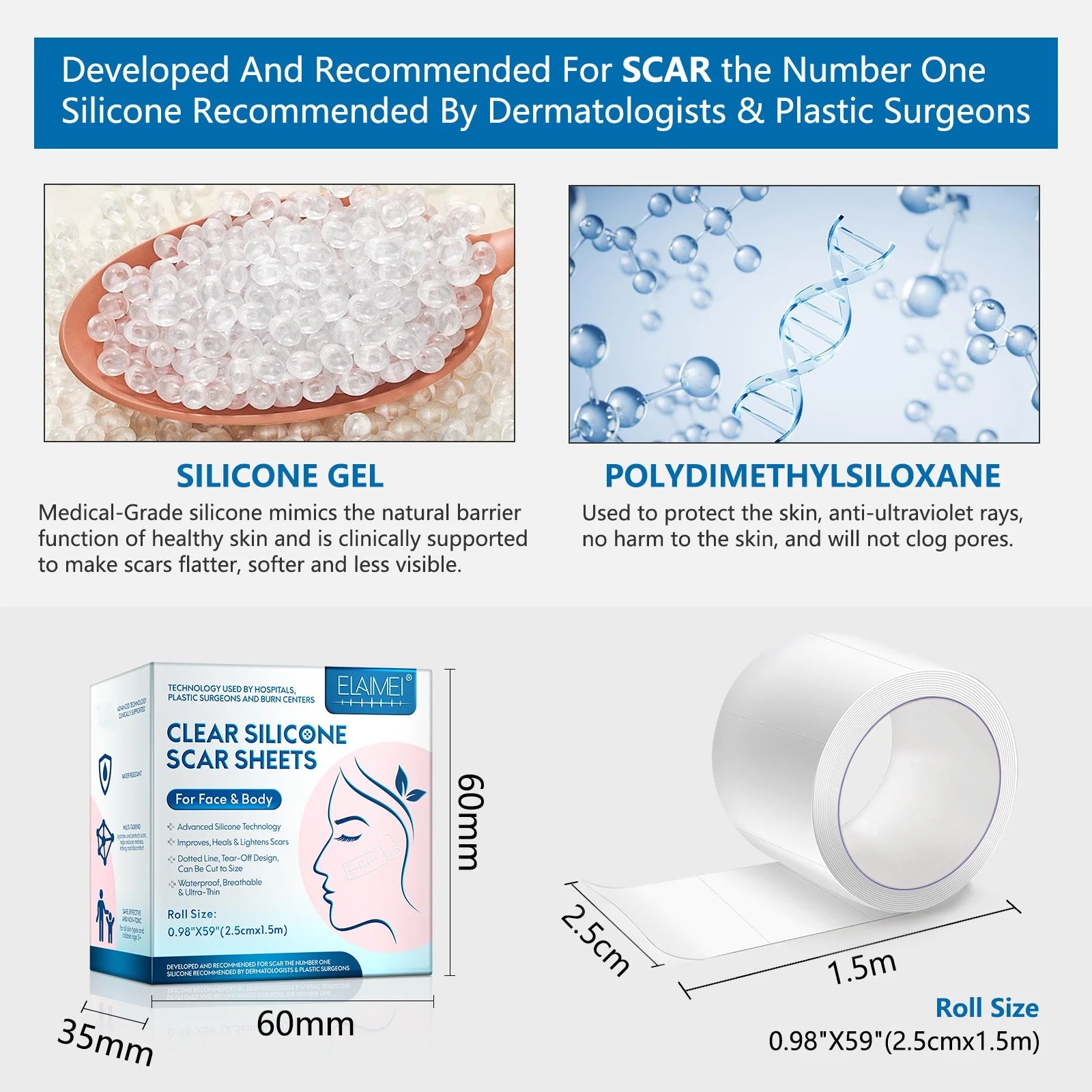 1 Roll Invisible Silicone Scar Sheets , 2.5cm X 150cm Self-Adhesive Scar Cover Tape Skin Care Strips , Transparent Color