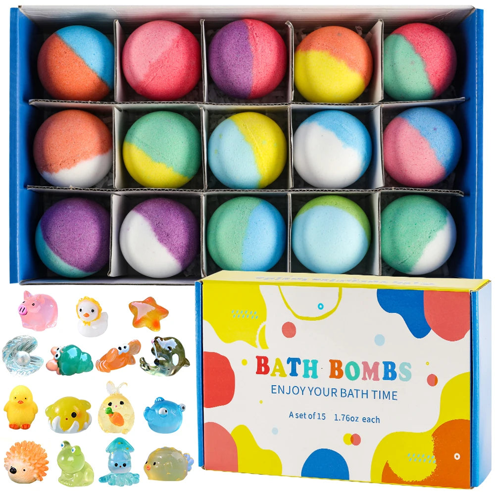 Bath Treats for Kids with Surprise Inside, 15 Pack Kids Bath Treats Gift Set, Natural Organic Kids Bubble Bath Fizzy with Bath T