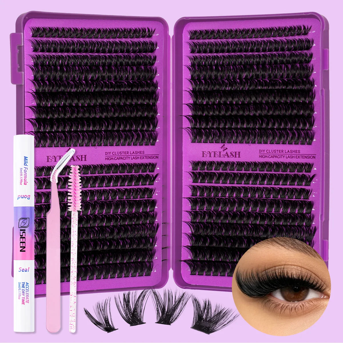 Lash Clusters Kit DIY Lash Extension Kit Large Capacity D Curl with Lash Bond And Seal And Eyelash Tweezers Makeup