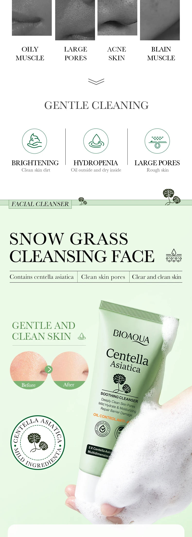BIOAOUA Centella Asiatica Face Cleanser Gentle Daily Foam Cleanser with Hyaluronic Acid & Niacinamide for Deep Pore Cleansing