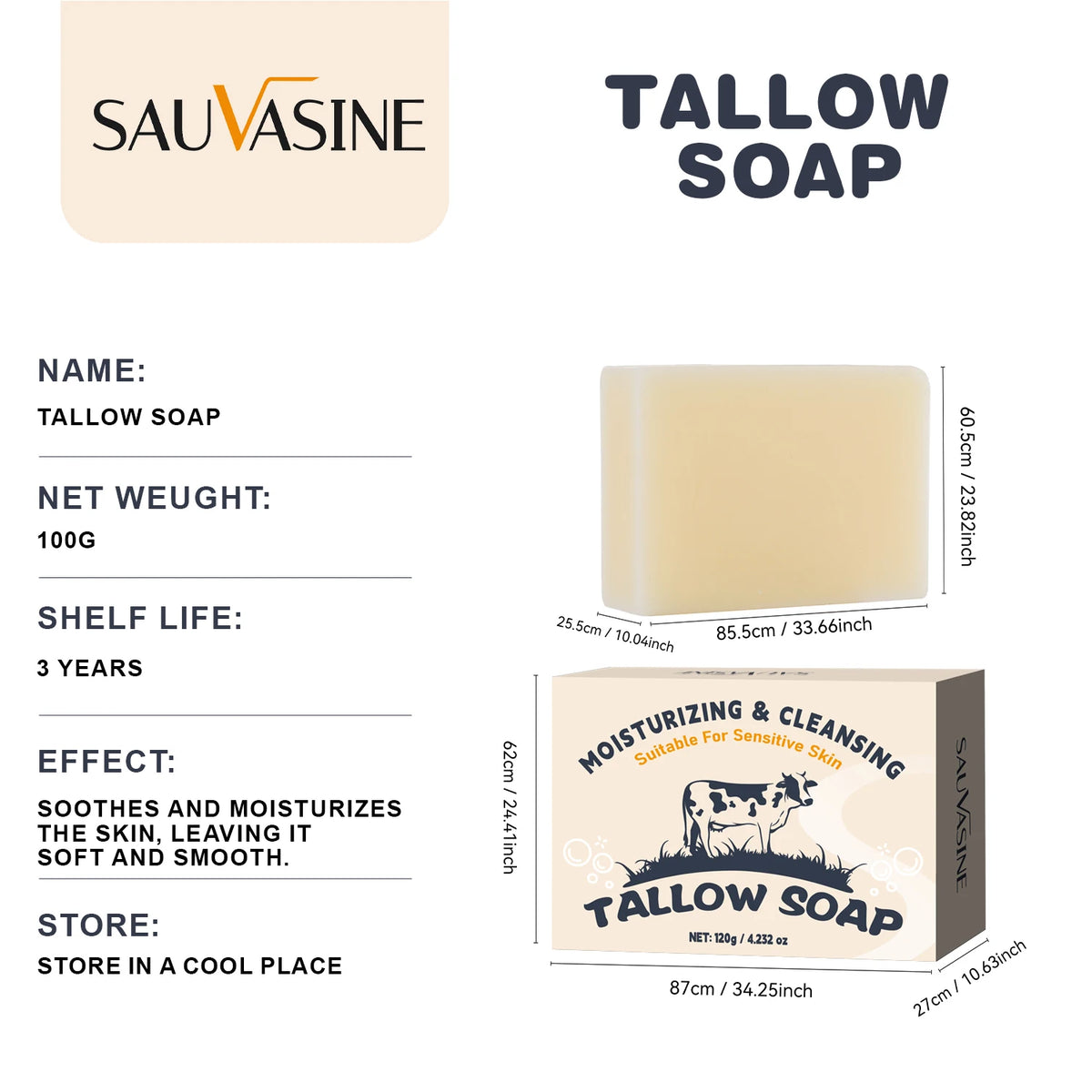 120g Handmade Beef Tallow Soap Bar Face & Body Wash Skin Moisturizer Smooth Natural Grass Fed Tallow Soap for Sensitive Skin