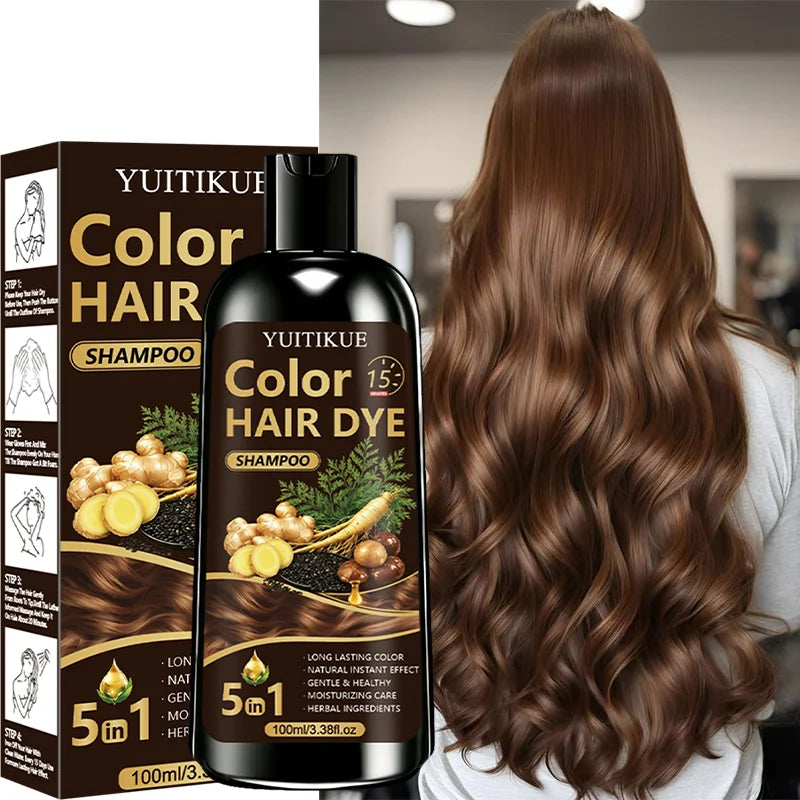 YUITIKUE Instant Hair Color Shampoo 100ml 5‑IN‑1 Herbal Extract Moisturizing Gentle Long Lasting Cover Grey Hair For Home Dye