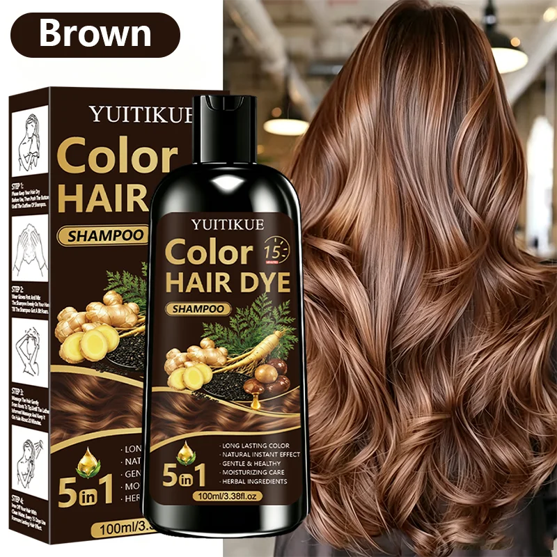 YUITIKUE Instant Hair Color Shampoo 100ml 5‑IN‑1 Herbal Extract Moisturizing Gentle Long Lasting Cover Grey Hair For Home Dye