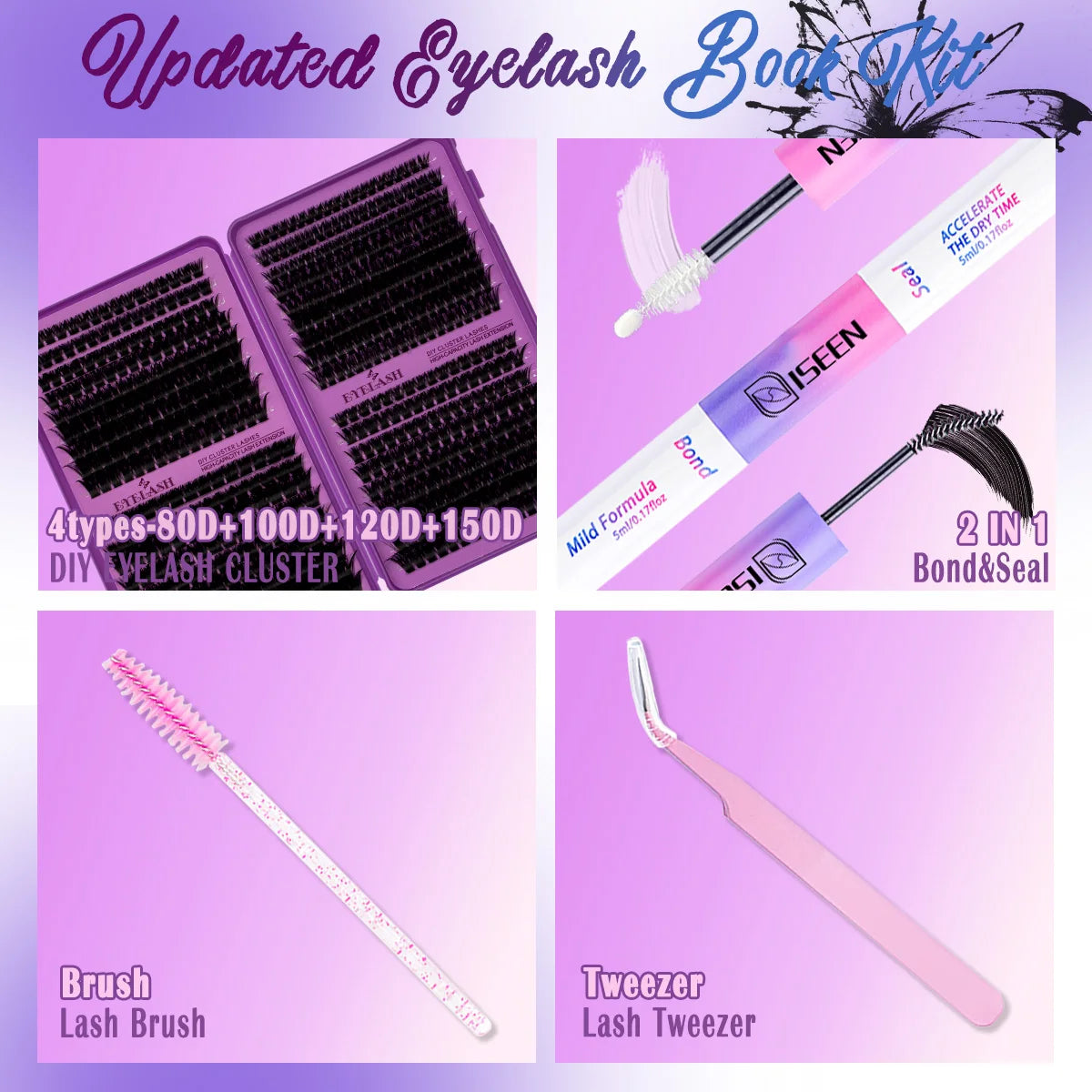 Lash Clusters Kit DIY Lash Extension Kit Large Capacity D Curl with Lash Bond And Seal And Eyelash Tweezers Makeup
