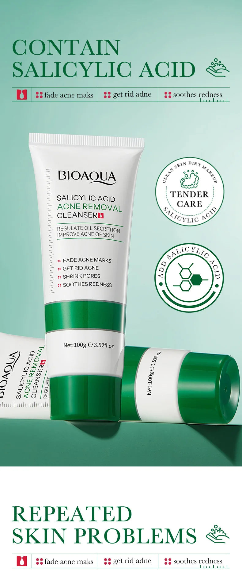 BIOAQUA Salicylic Acid Facial Cleanser Acne Treatment Moisturizing Oil Control skincare Face Wash Foam Face Cleanser Skin Care