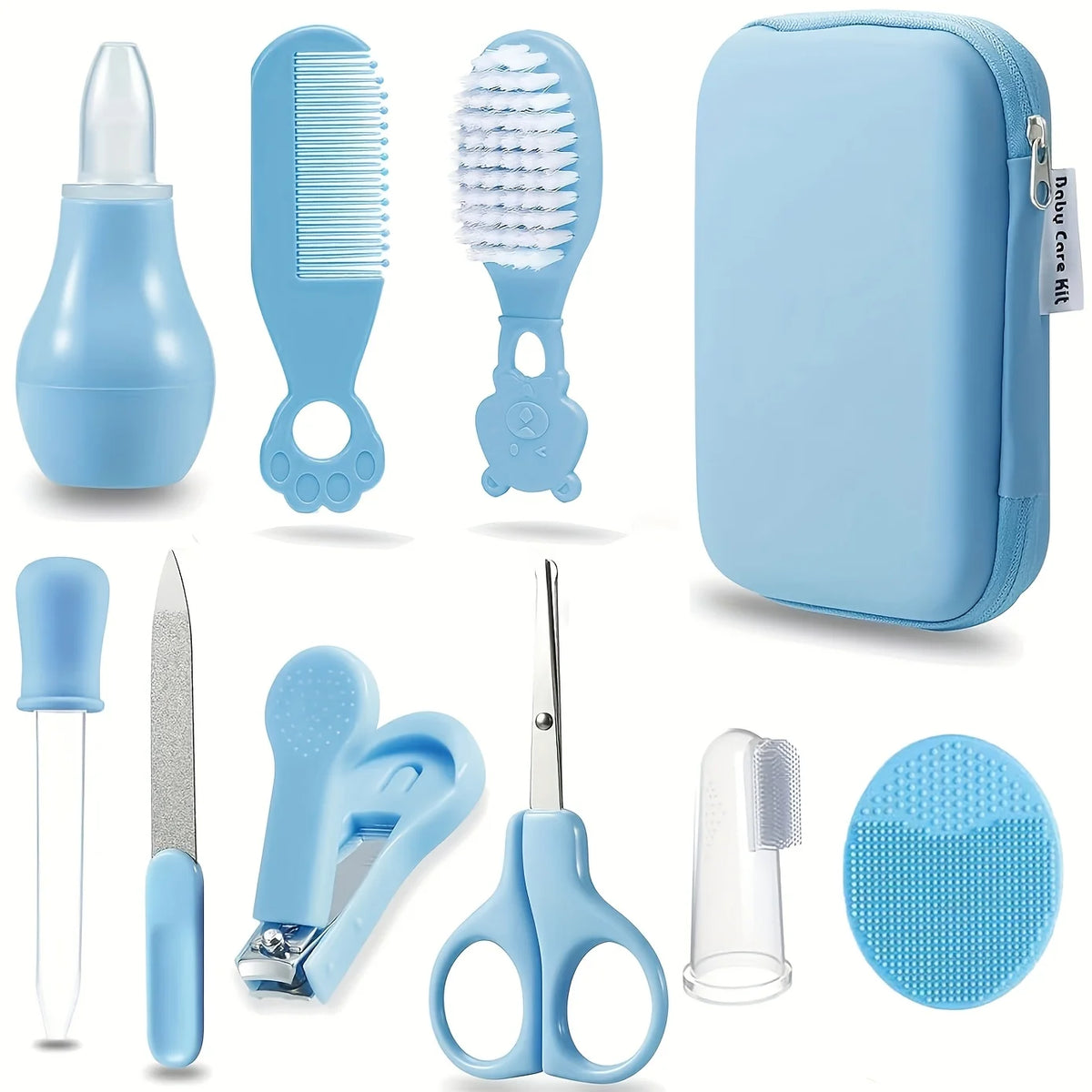 9pcs/pack Baby Grooming Kit with Travel Case, Safety Care Set with Feeding Dropper, Nose Cleaner, Nail Clippers, Comb, Brushes,