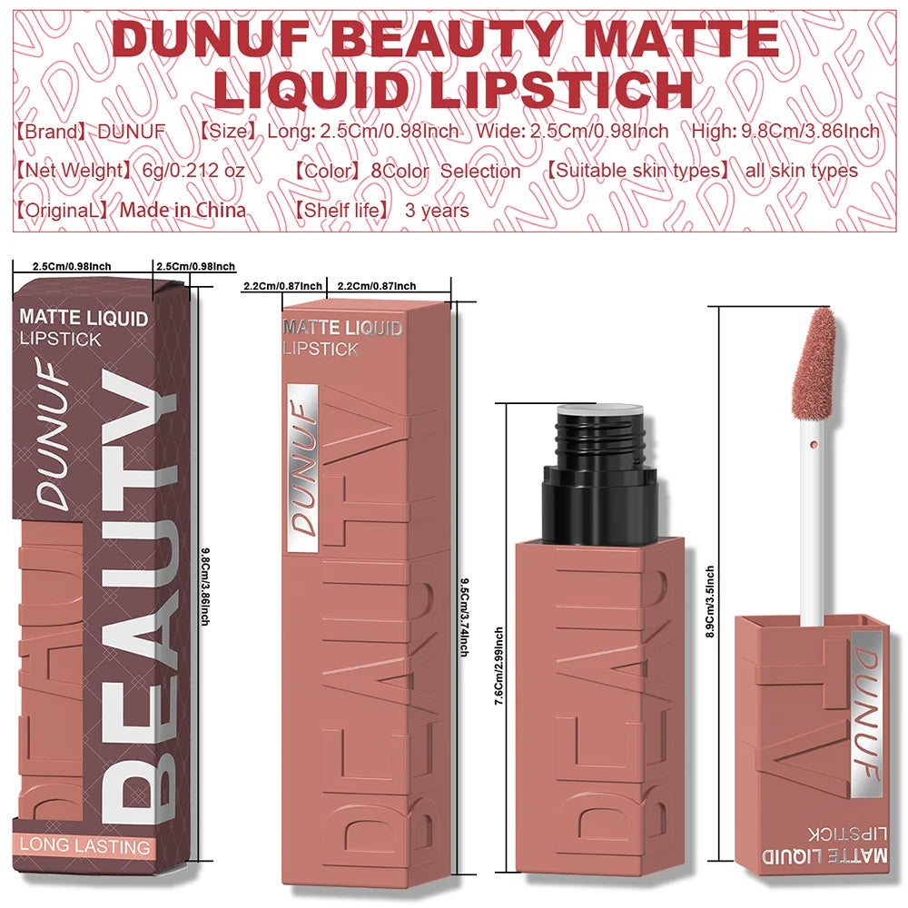DUNUF Matte Velvet Lip Gloss, 3D Plumping & Waterproof, Square Tube Lipstick, Easy Application, 8 Shades (All-in-One)