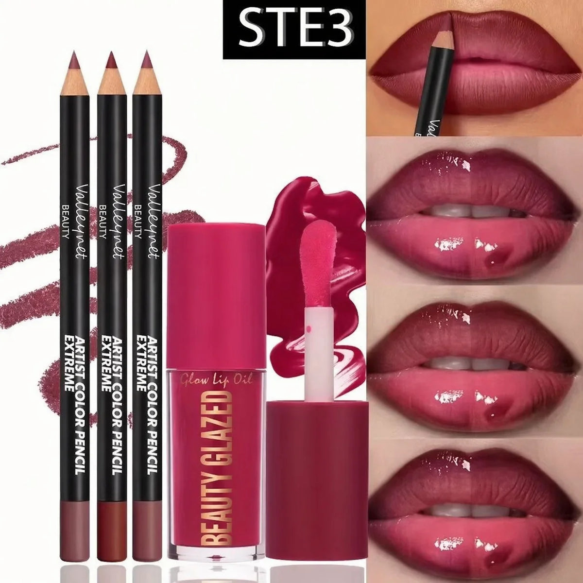 4pcs Lip Kit Set-3pcs Lip Liner+1pc Lip Glaze, Waterproof&Long-Lasting Matte Effect,Versatile for Casual & Formal Occasions,