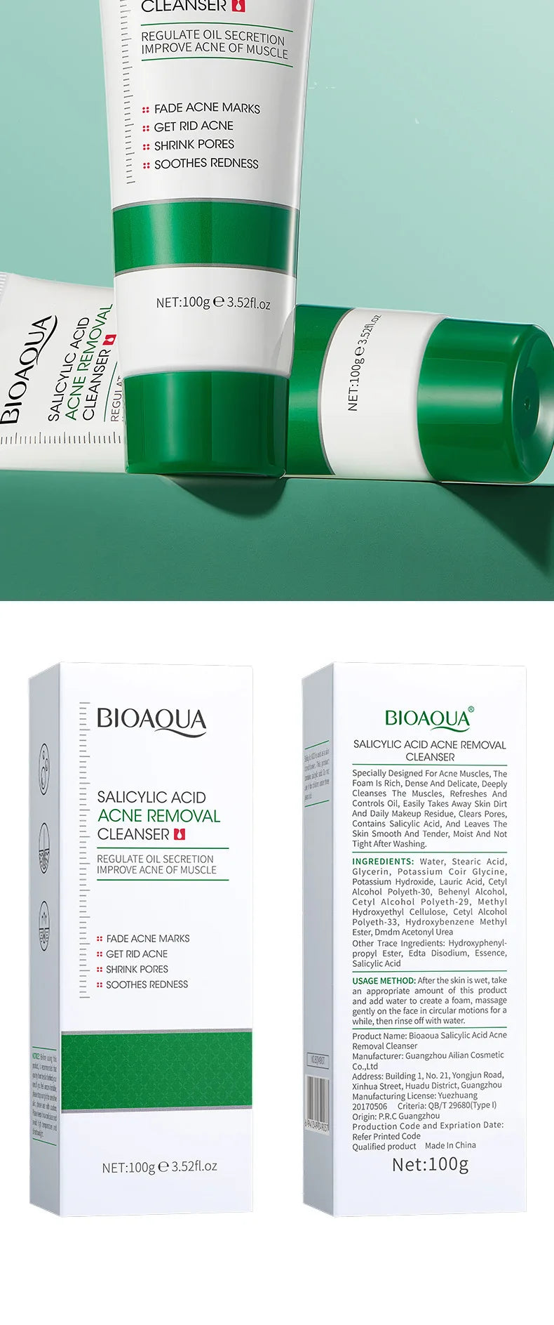 BIOAOUA Salicylic Acid Facial Cleanser Acne Treatment Moisturizing Oil Control Skincare Face Wash Foam Face Cleanser Skin Care
