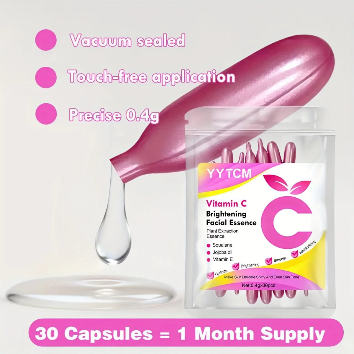Vitamin C Brightening Skin Moisturizing Capsule Serum, hydrates and smooths the skin, contains plant squalane, vitamin E, magnolia oil, and jojoba seed oil for deep hydration and skin brightening (0.4g x 30 capsules)/bag-1 ba