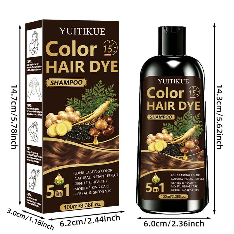 YUITIKUE Instant Hair Color Shampoo 100ml 5‑IN‑1 Herbal Extract Moisturizing Gentle Long Lasting Cover Grey Hair For Home Dye