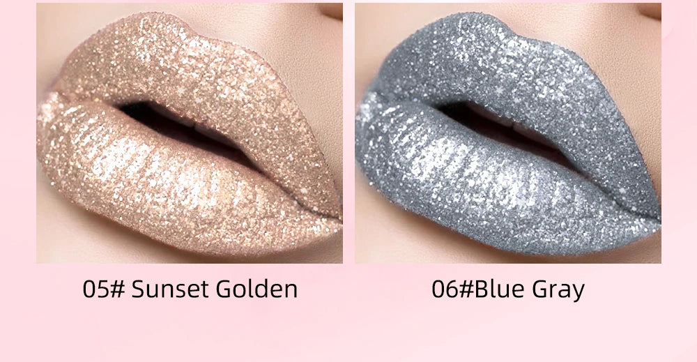 QIBEST Glitter Diamond Liquid Lipstick Waterproof Long Lasting Pearl Shiny Lip Gloss Metal Charming Women Lip Makeup 6 Colors