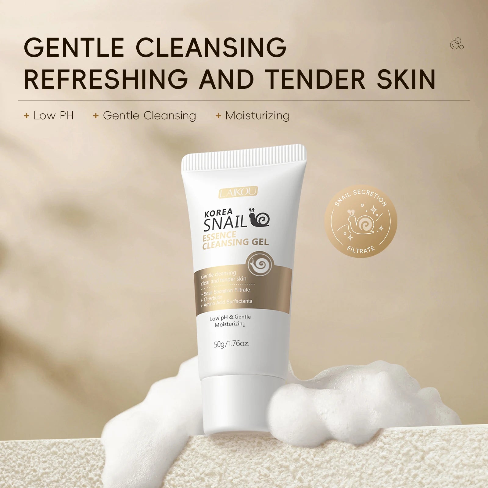 LAIKOU Korea Snail Essence Cleansing Gel 50g Low PH Gentle Cleansing Moisturizing Clear Tender Skin Daily Face Wash