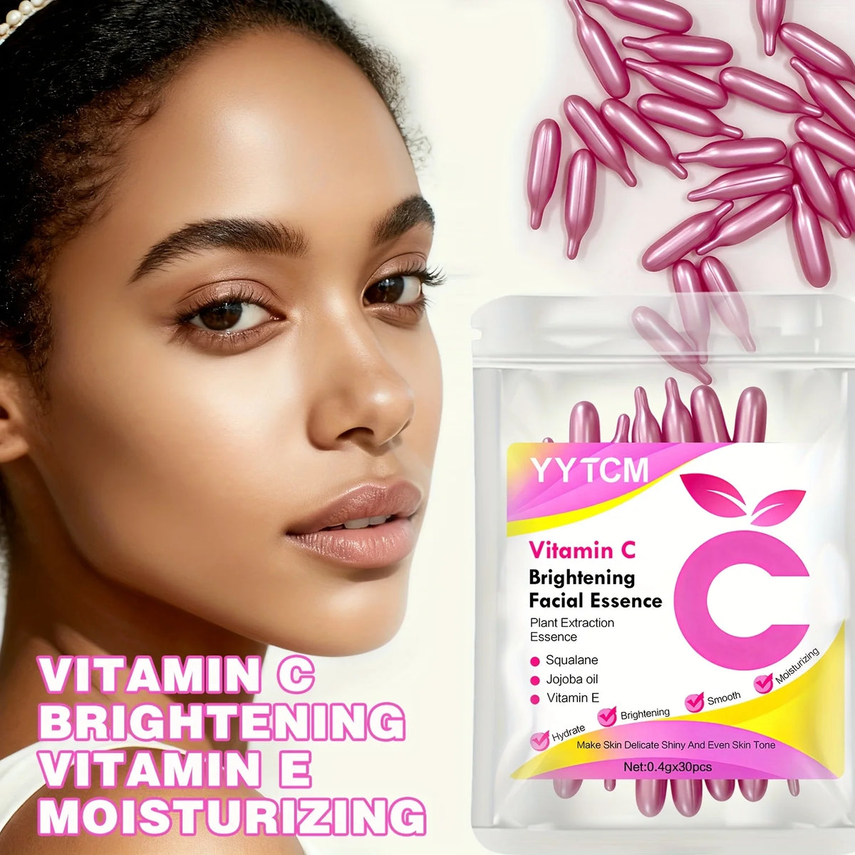Vitamin C Brightening Skin Moisturizing Capsule Serum, hydrates and smooths the skin, contains plant squalane, vitamin E, magnolia oil, and jojoba seed oil for deep hydration and skin brightening (0.4g x 30 capsules)/bag-1 ba