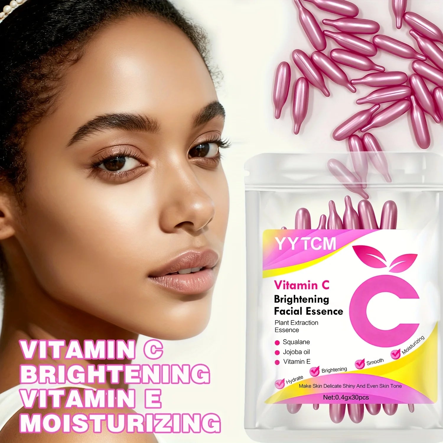 Vitamin C Brightening Skin Moisturizing Capsule Serum, hydrates and smooths the skin, contains plant squalane, vitamin E, magnolia oil, and jojoba seed oil for deep hydration and skin brightening (0.4g x 30 capsules)/bag-1 ba