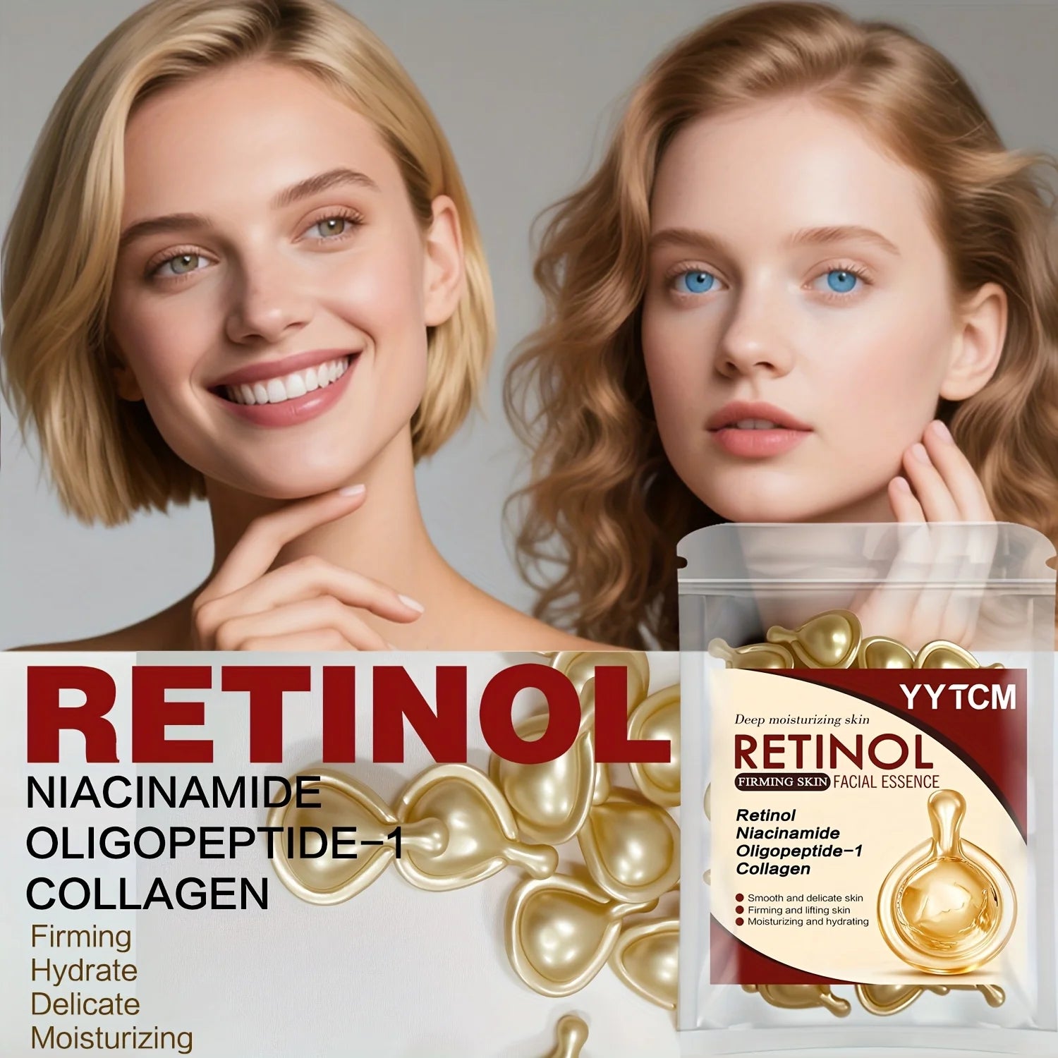 Retinol Firming Facial Moisturizing Essence Capsules, Retinol Facial Essence, Contains Hydrolyzed Collagen, Niacinamide, Deep Moisturizing (0.5Gx30 Capsules)/Bag-1 Bag