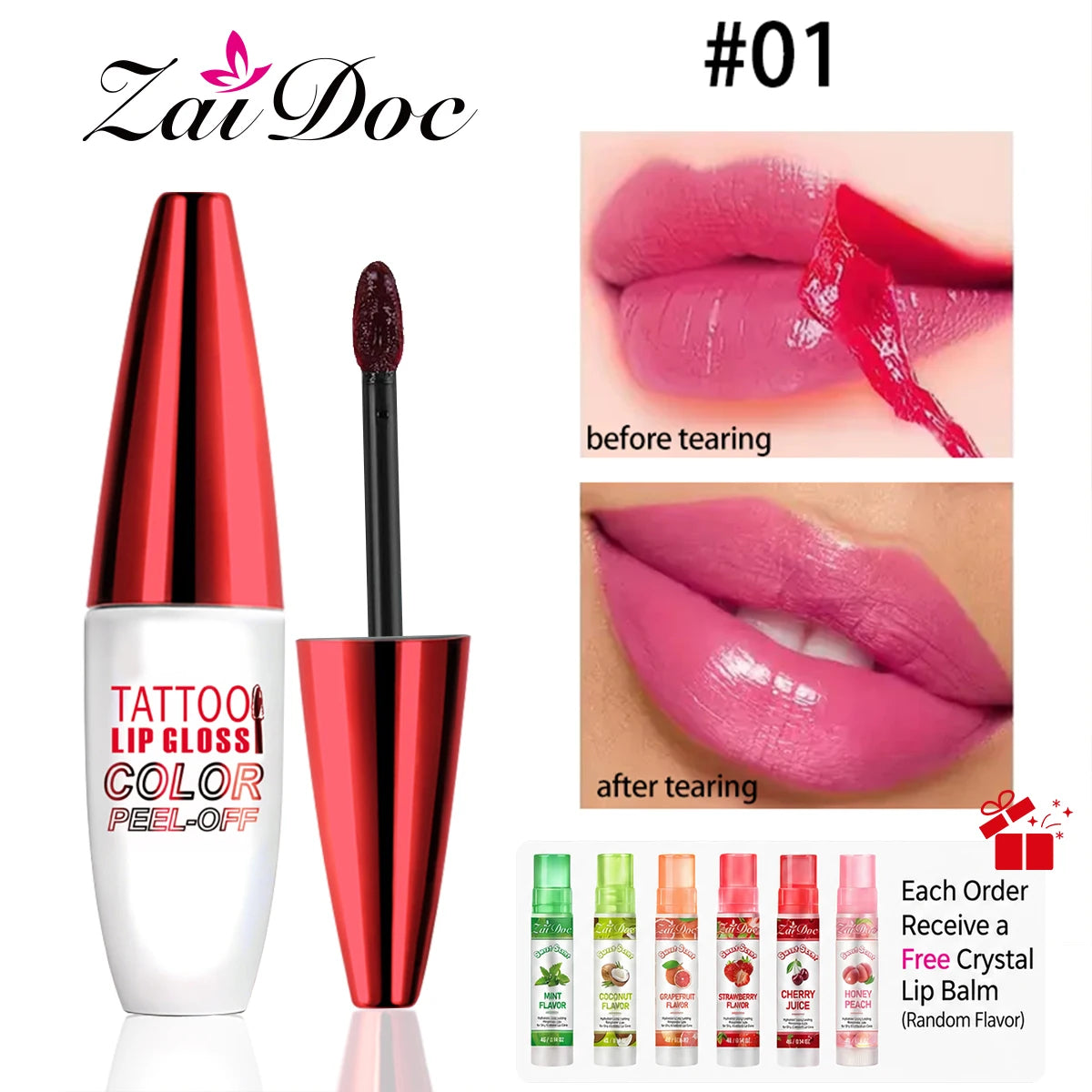 ZaiDoc Peel Off Lip Stain Tint Set 4 Colors Long Lasting Waterproof Transfer Proof Matte Finish Lip Gloss 10g Each
