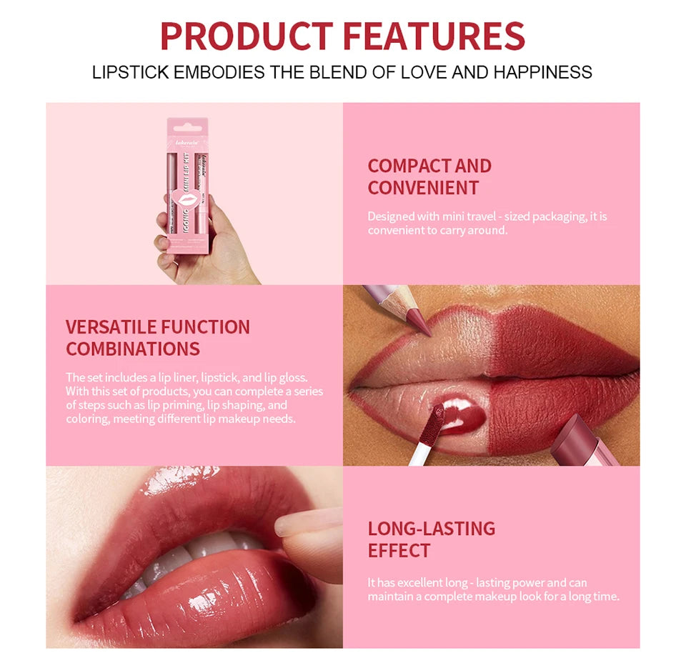 Lipliner&Lipstick Lip Gloss Set 3pcs/set Waterproof Long Lasting Lip Makeup Matte Travel Mini Set Women's Makeup Cosmetics
