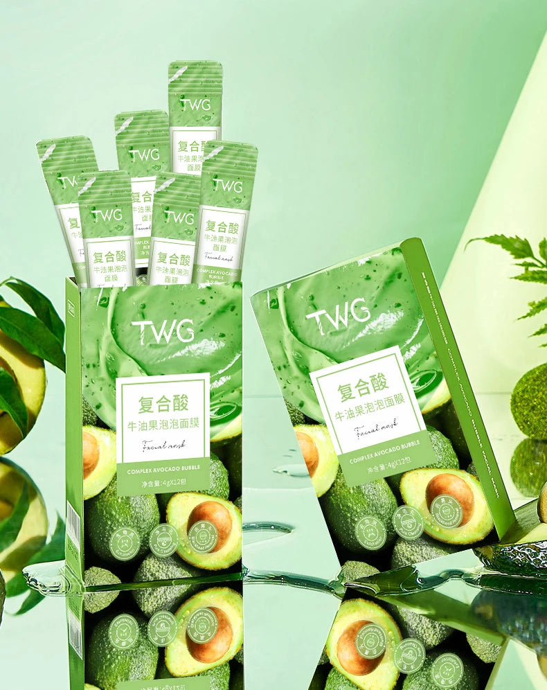 12 Piece Avocado Bubble Facial Mask Set - Deep Cleansing and Moisturizing with Glycerin, Suitable for All Skin Types