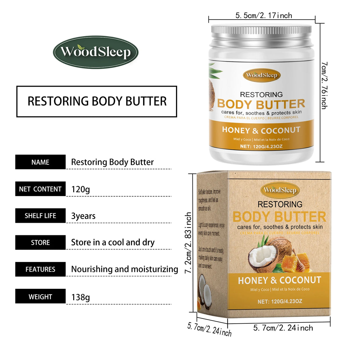 Woodsleep Coconut Body Butter Cream Long Lasting Smooth Skin Firming Anti Crack Honey Mango Papaya Moisturizing Body Cream 120g