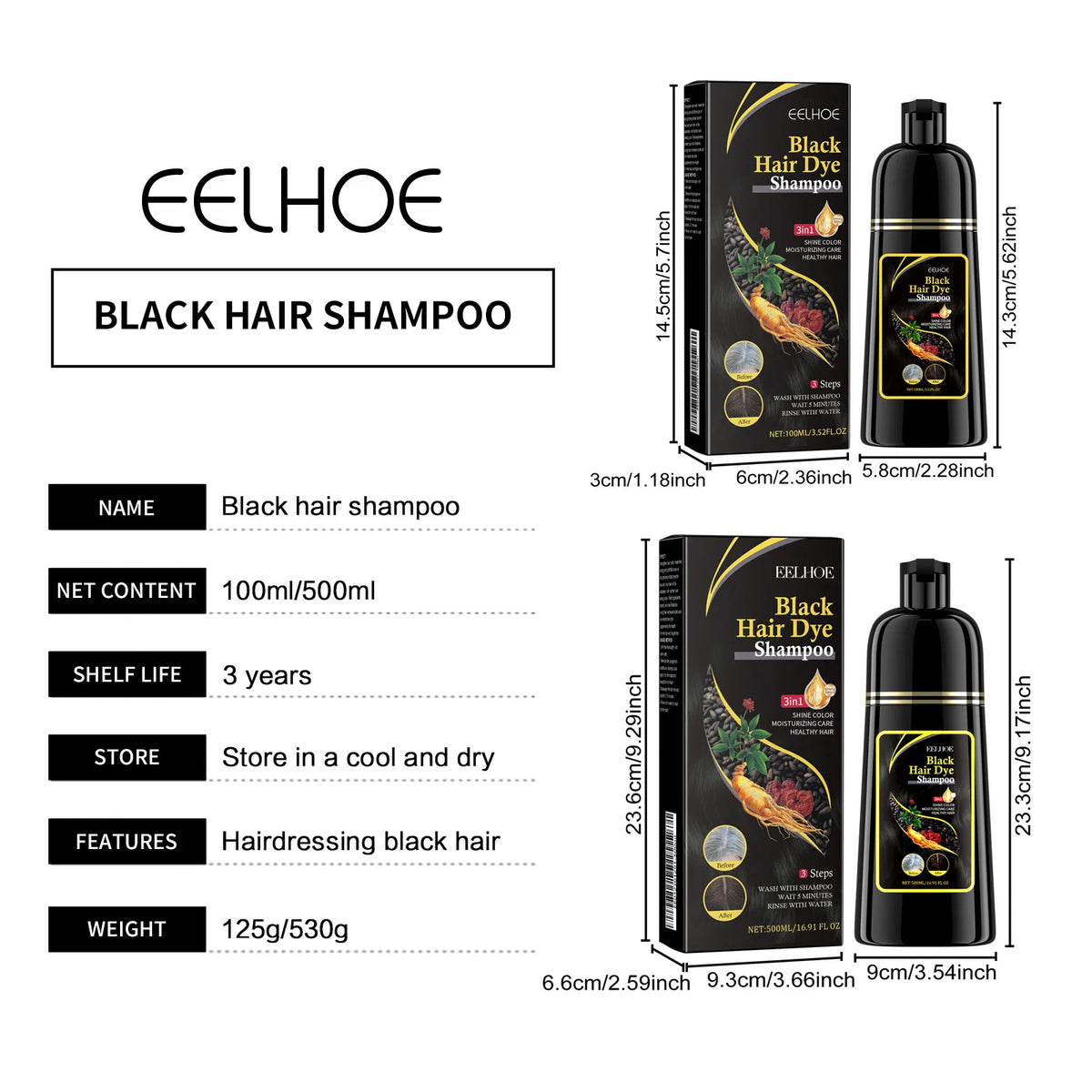 EELHOE Black Hair Dye Shampoo 3 in 1 Growth Clean Hair Darkening Deep Nourishing Black Hair Dye Shampoo Natural Organic Herbal