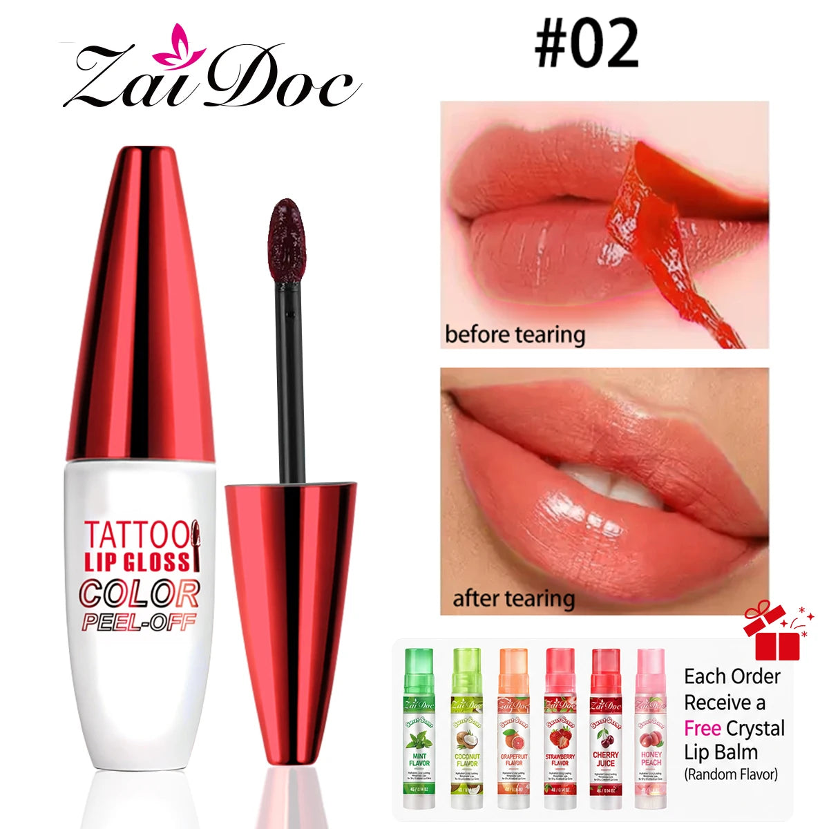 ZaiDoc Peel Off Lip Stain Tint Set 4 Colors Long Lasting Waterproof Transfer Proof Matte Finish Lip Gloss 10g Each