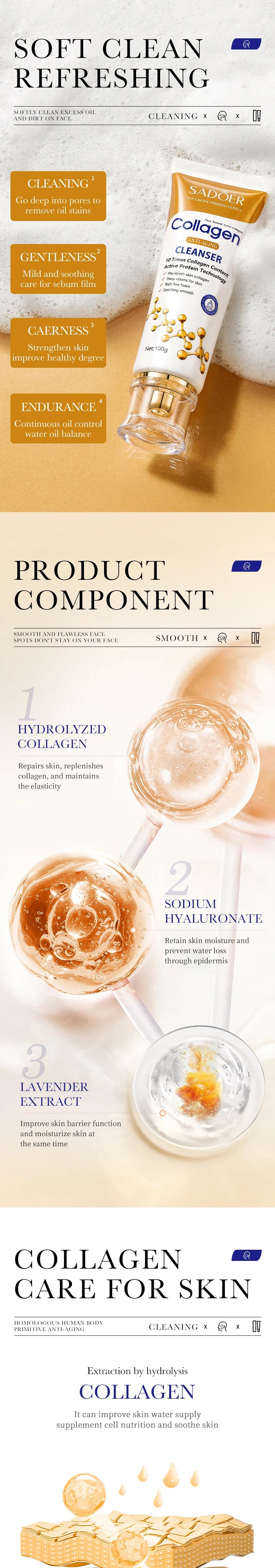 SADOER Collagen Facial Cleanser Moisturizing Anti-aging Anti Wrinkles Face Cleansing Face Wash Foam Cleanser Skin Care Products