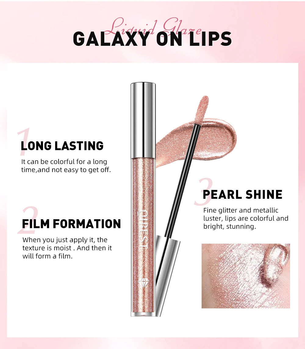 QIBEST Glitter Diamond Liquid Lipstick Waterproof Long Lasting Pearl Shiny Lip Gloss Metal Charming Women Lip Makeup 6 Colors